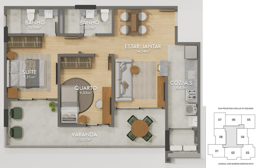 Planta coluna 01 — 70,76 m²