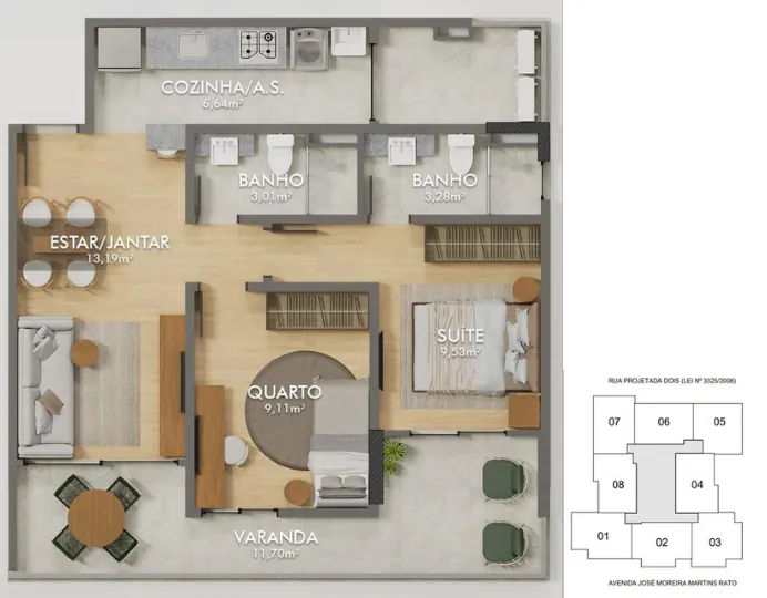 Planta coluna 03 — 70,08 m²